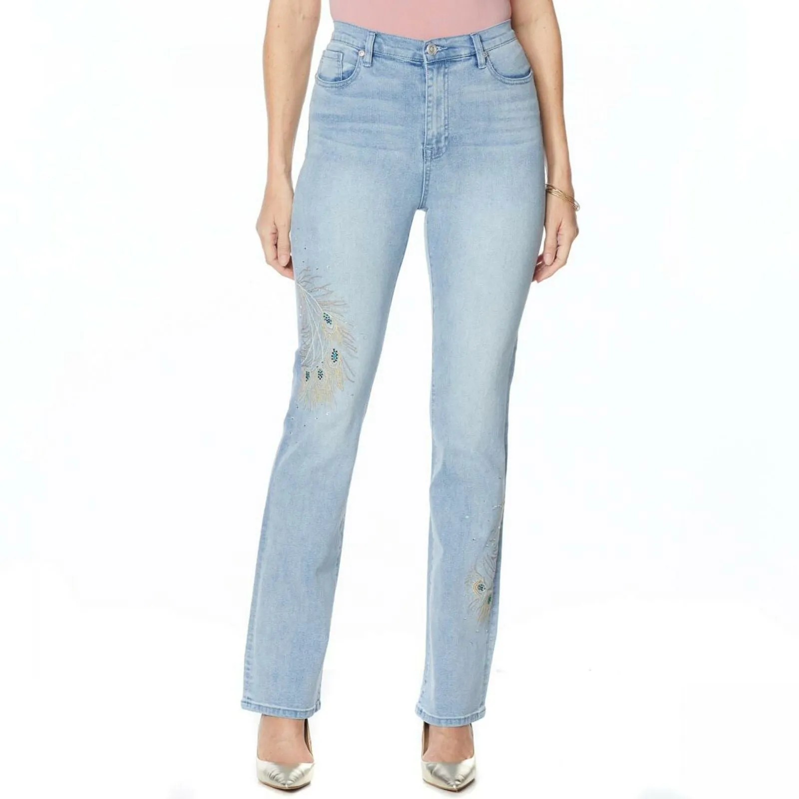 DG2 by Diane Gilman Women's Plus Size Peacock Embellished Boot Cut Jeans