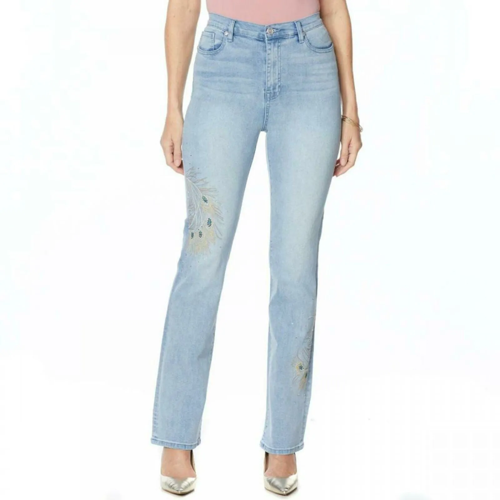 DG2 by Diane Gilman Women's Plus Size Peacock Embellished Boot Cut Jeans