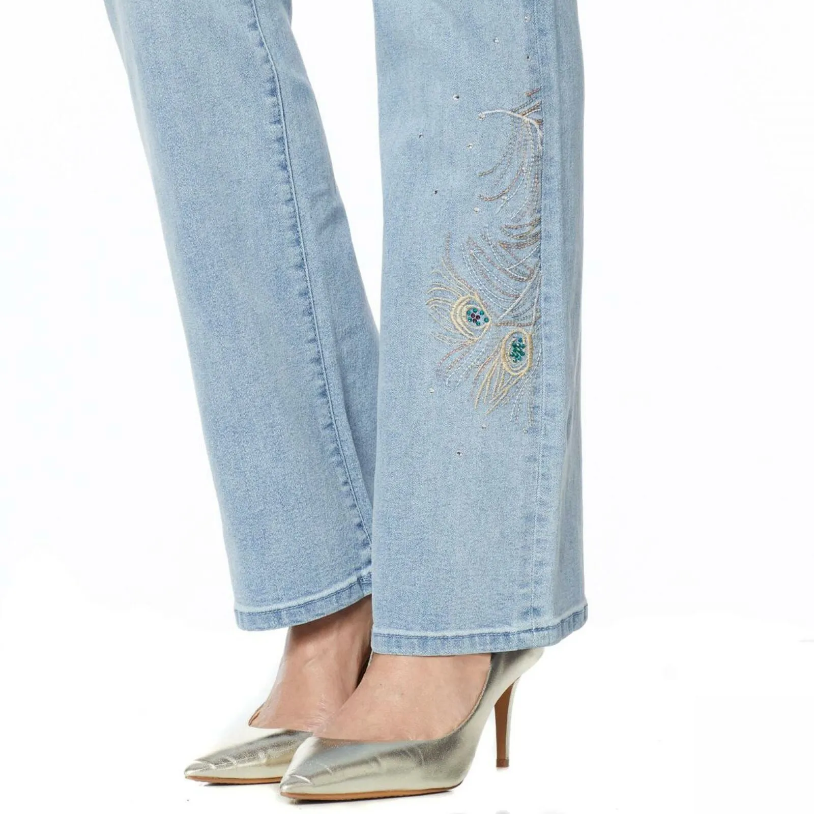DG2 by Diane Gilman Women's Plus Size Peacock Embellished Boot Cut Jeans