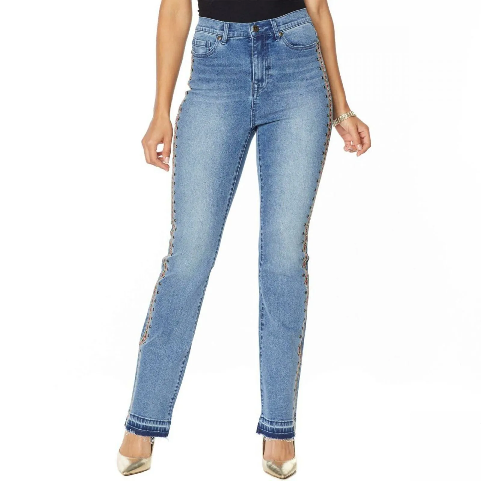 DG2 by Diane Gilman Women's Side Embroidered Studded Boot Cut Jeans