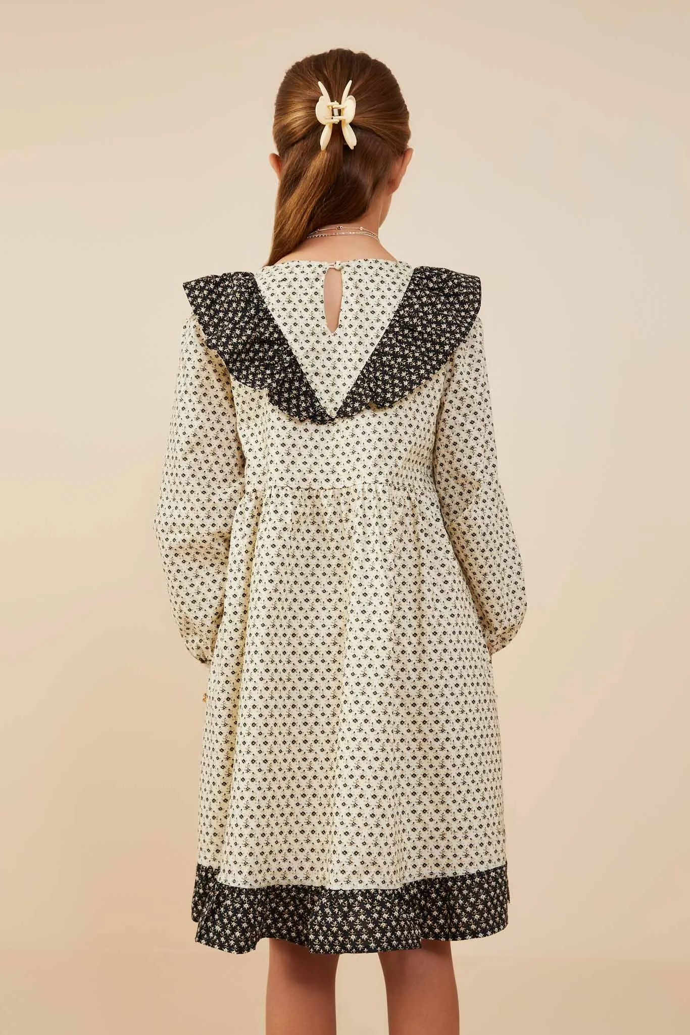 Ditsy Print Contrast Ruffle Collar Dress