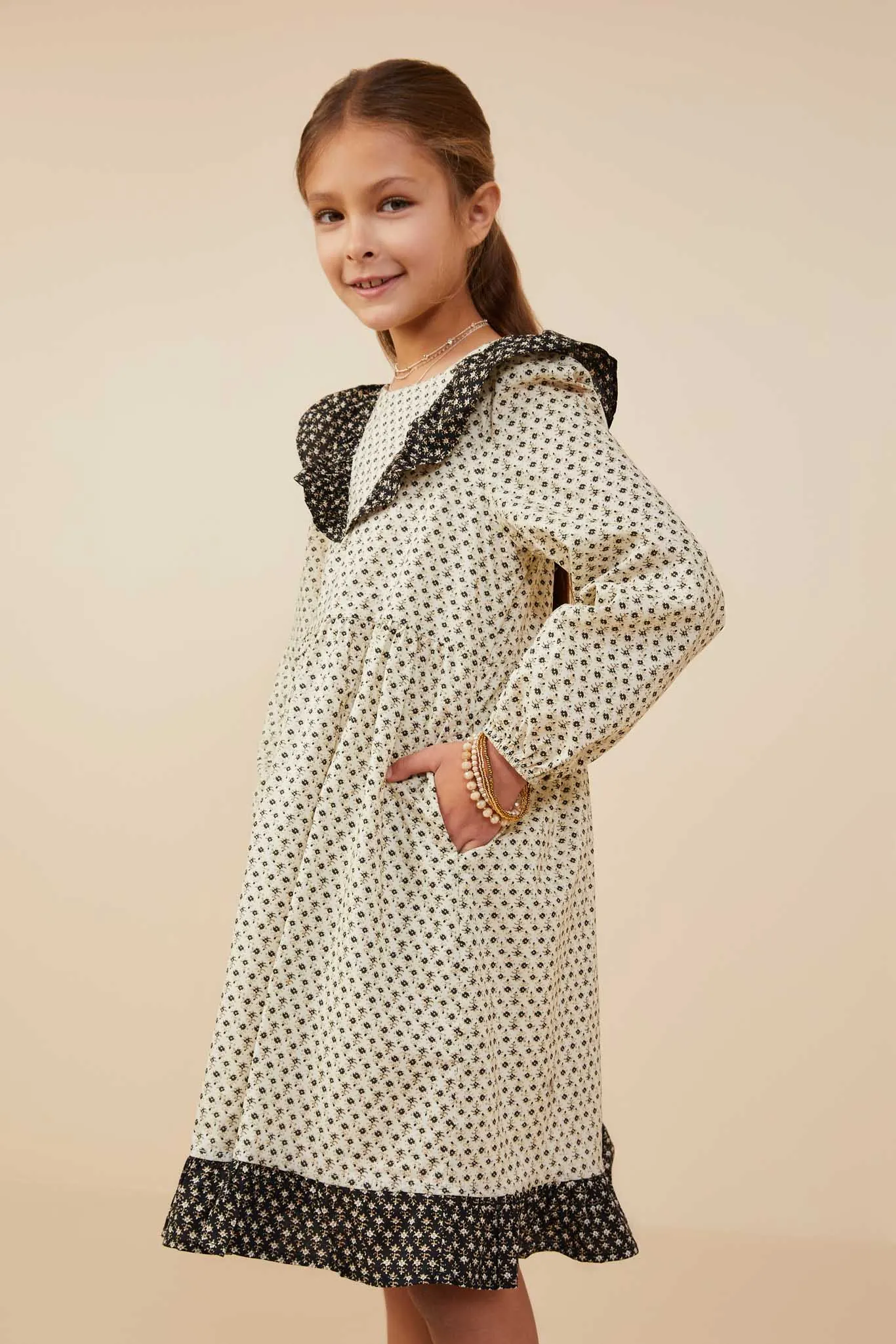 Ditsy Print Contrast Ruffle Collar Dress