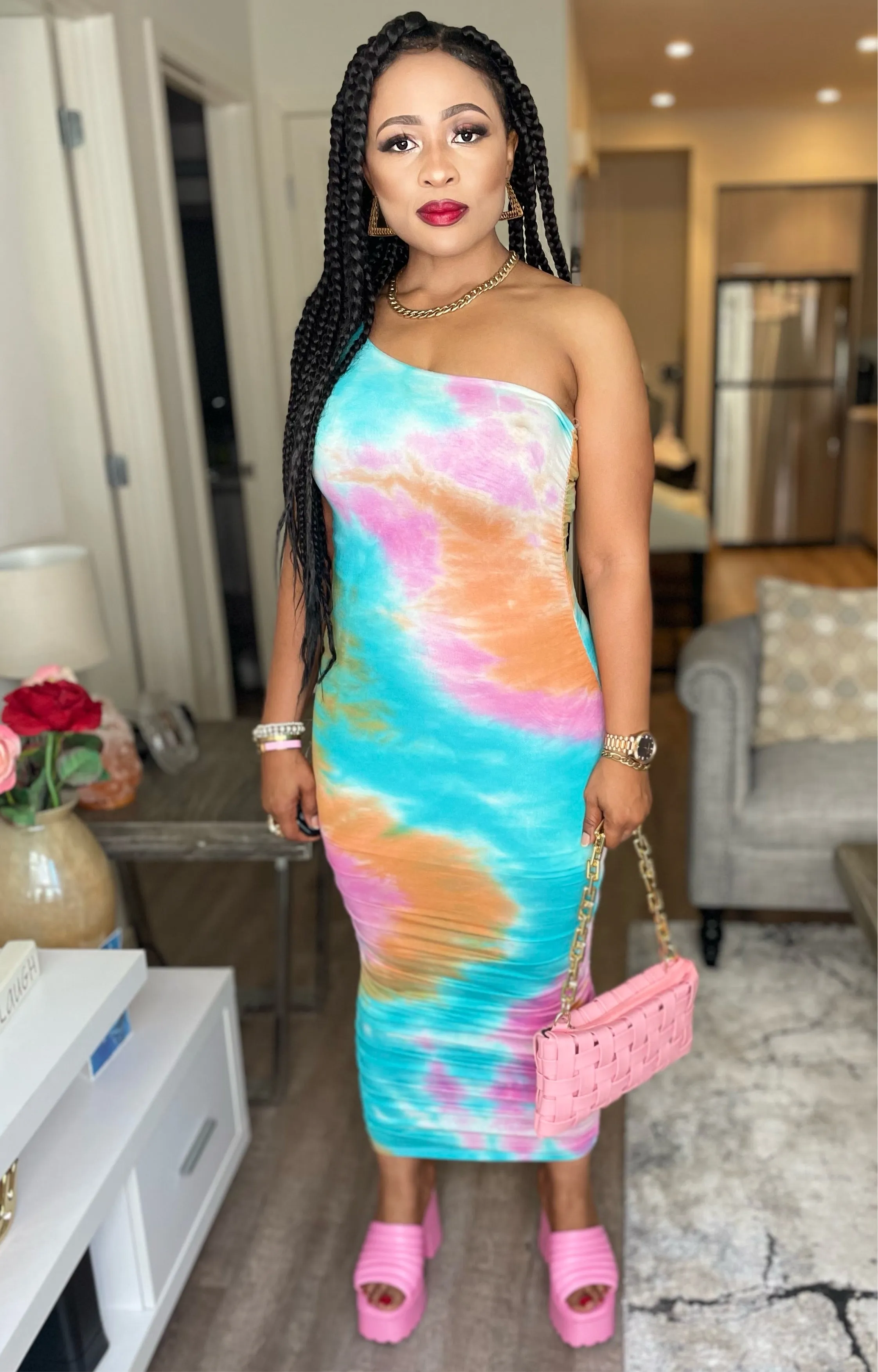 Dunty Shirring Tie Dye Maxi Dress-HOEA19430