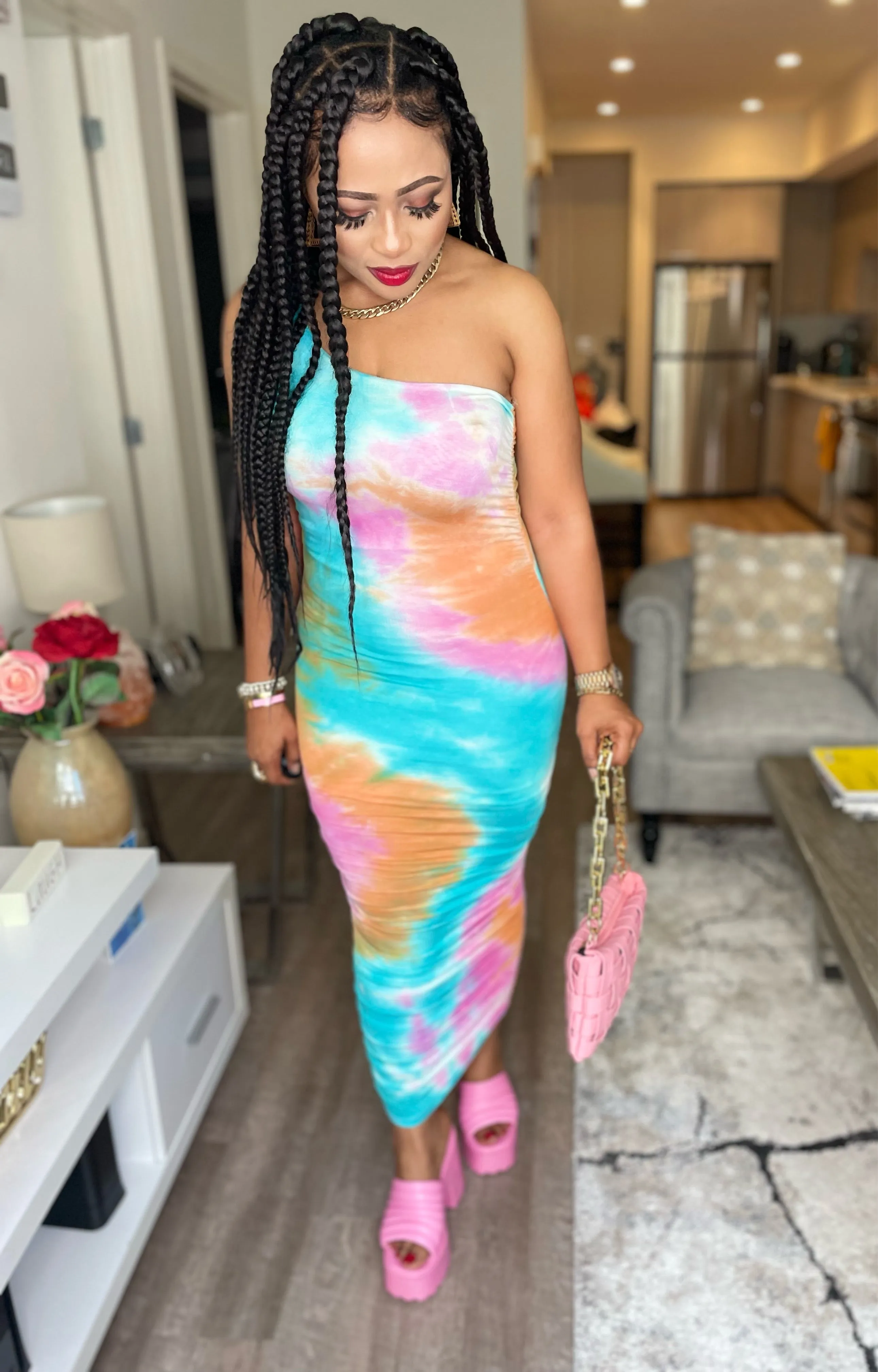 Dunty Shirring Tie Dye Maxi Dress-HOEA19430