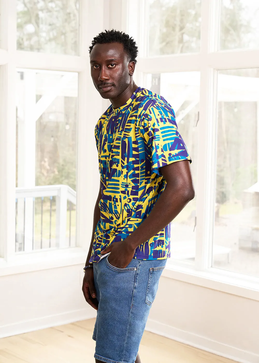 Edalo Men's African Print Active T-Shirt (Neon Tropical Stamp) - Clearance