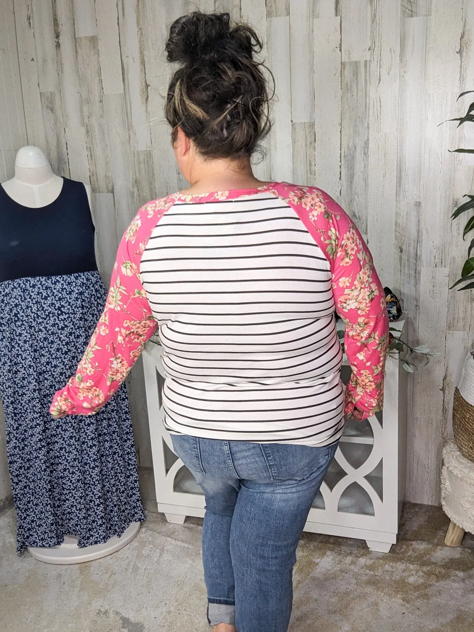 Eliza Striped Raglan w/Hot Pink Floral Sleeves