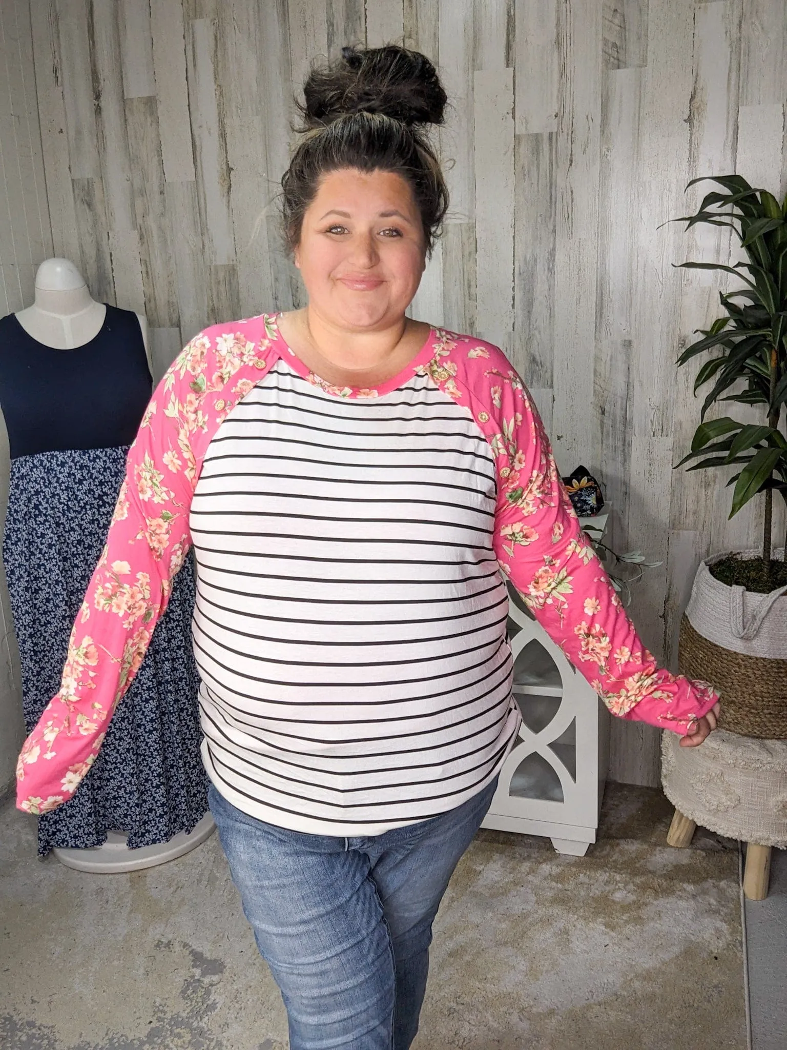 Eliza Striped Raglan w/Hot Pink Floral Sleeves