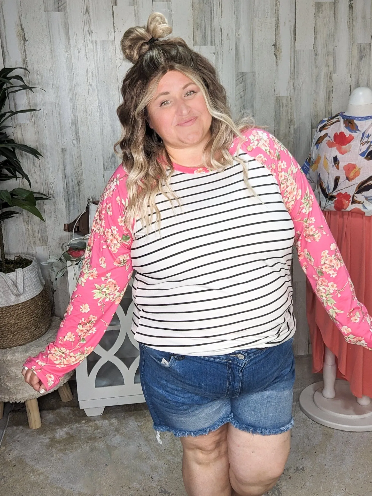 Eliza Striped Raglan w/Hot Pink Floral Sleeves
