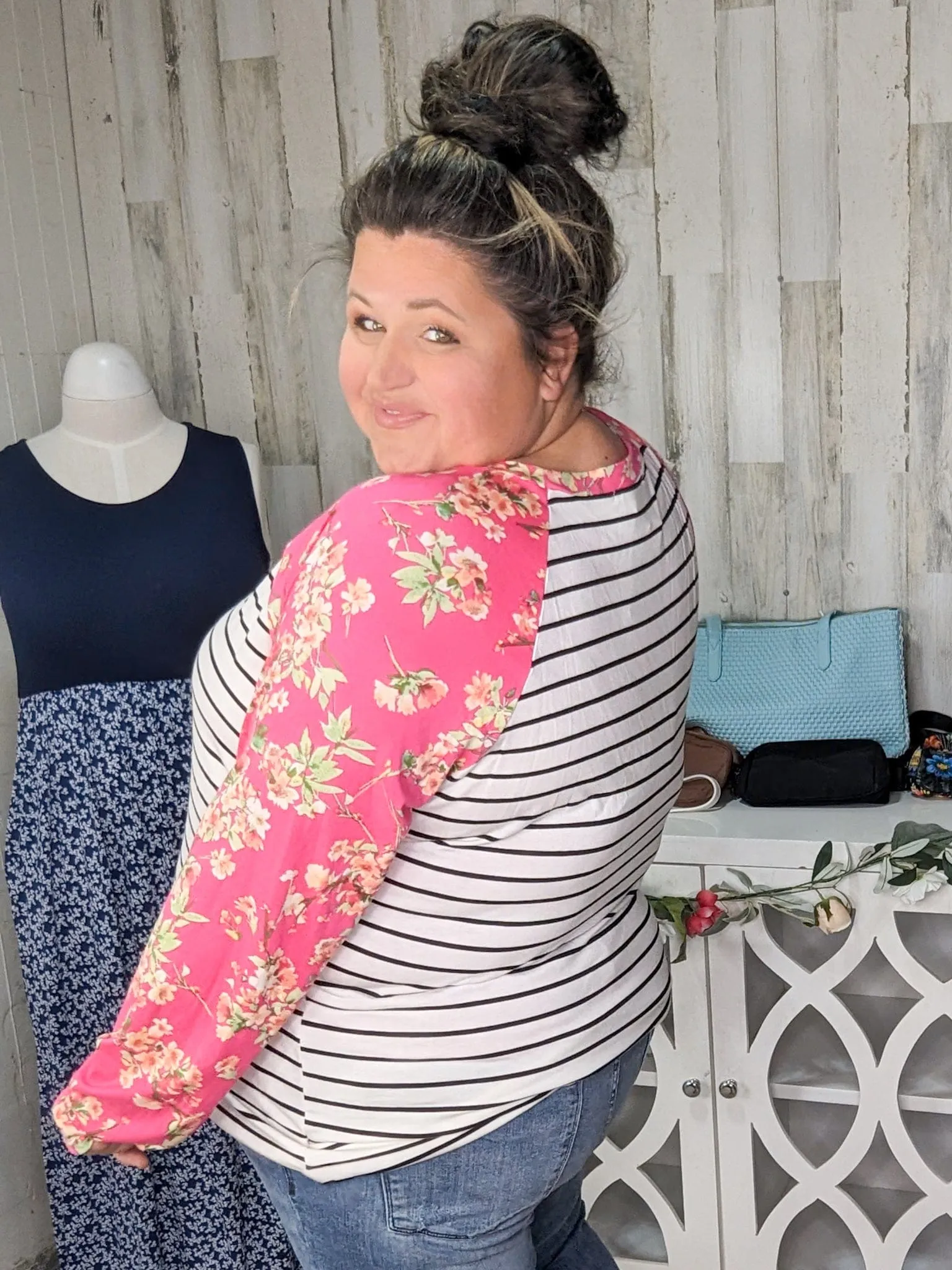 Eliza Striped Raglan w/Hot Pink Floral Sleeves