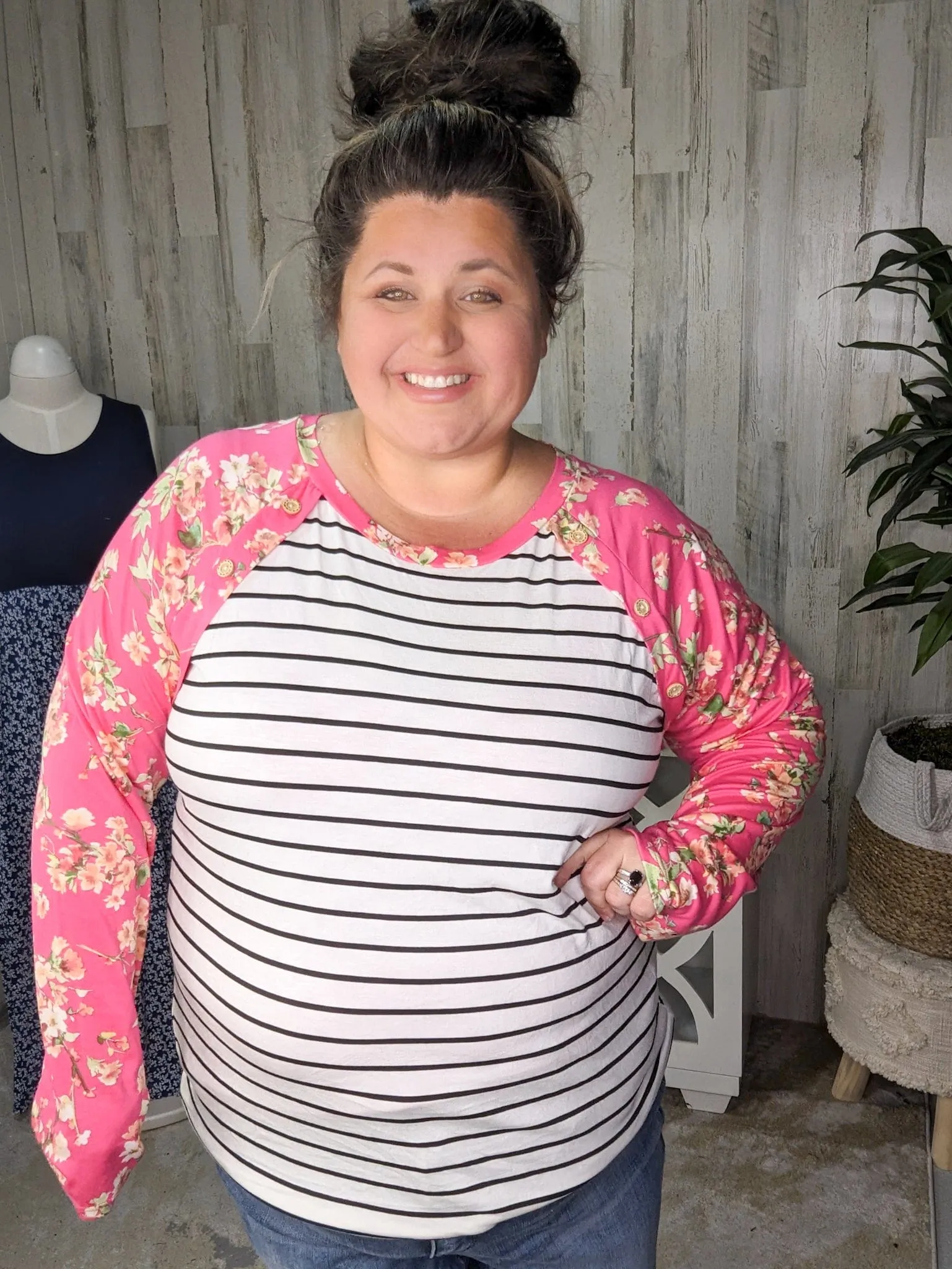Eliza Striped Raglan w/Hot Pink Floral Sleeves