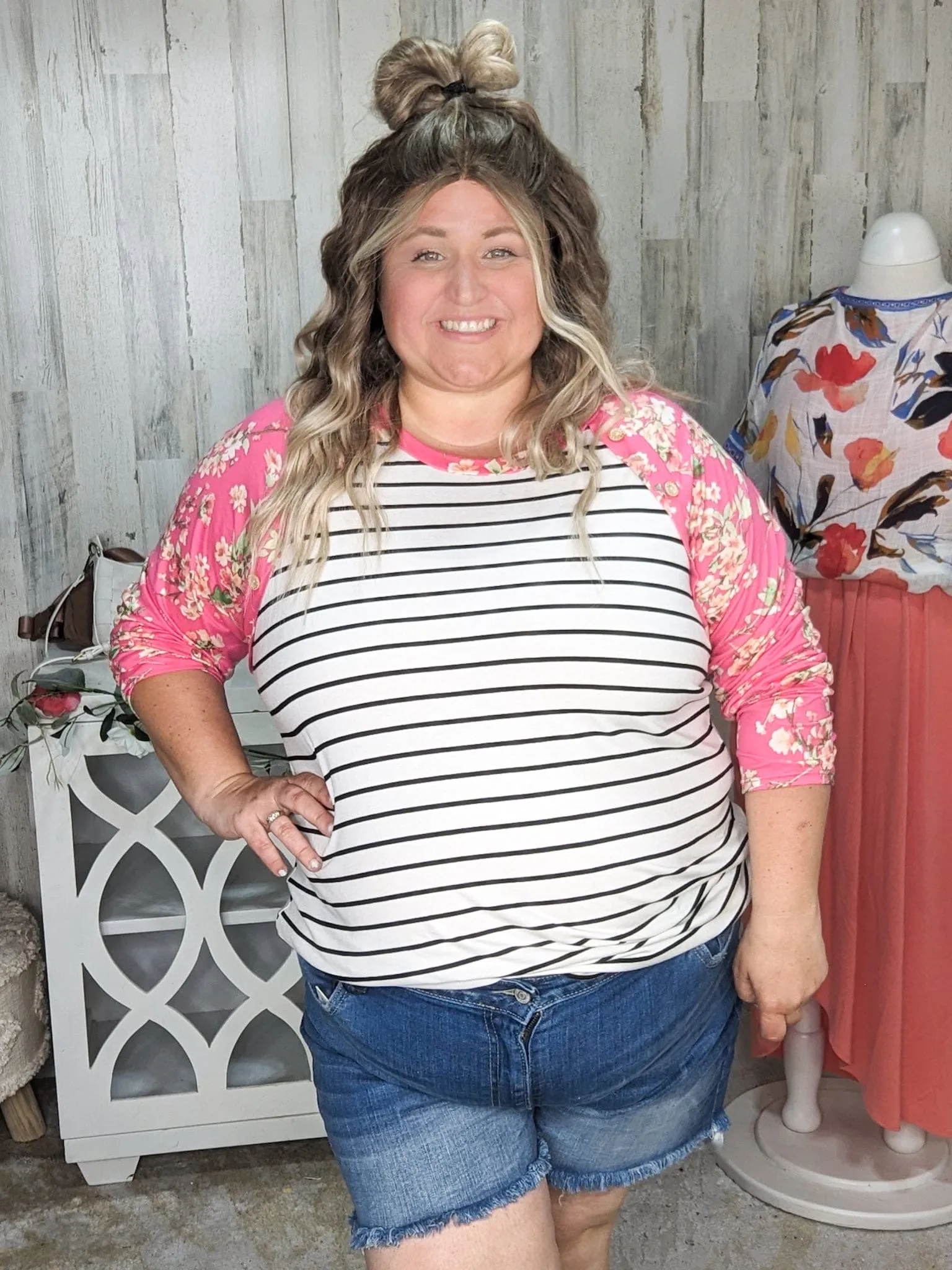 Eliza Striped Raglan w/Hot Pink Floral Sleeves