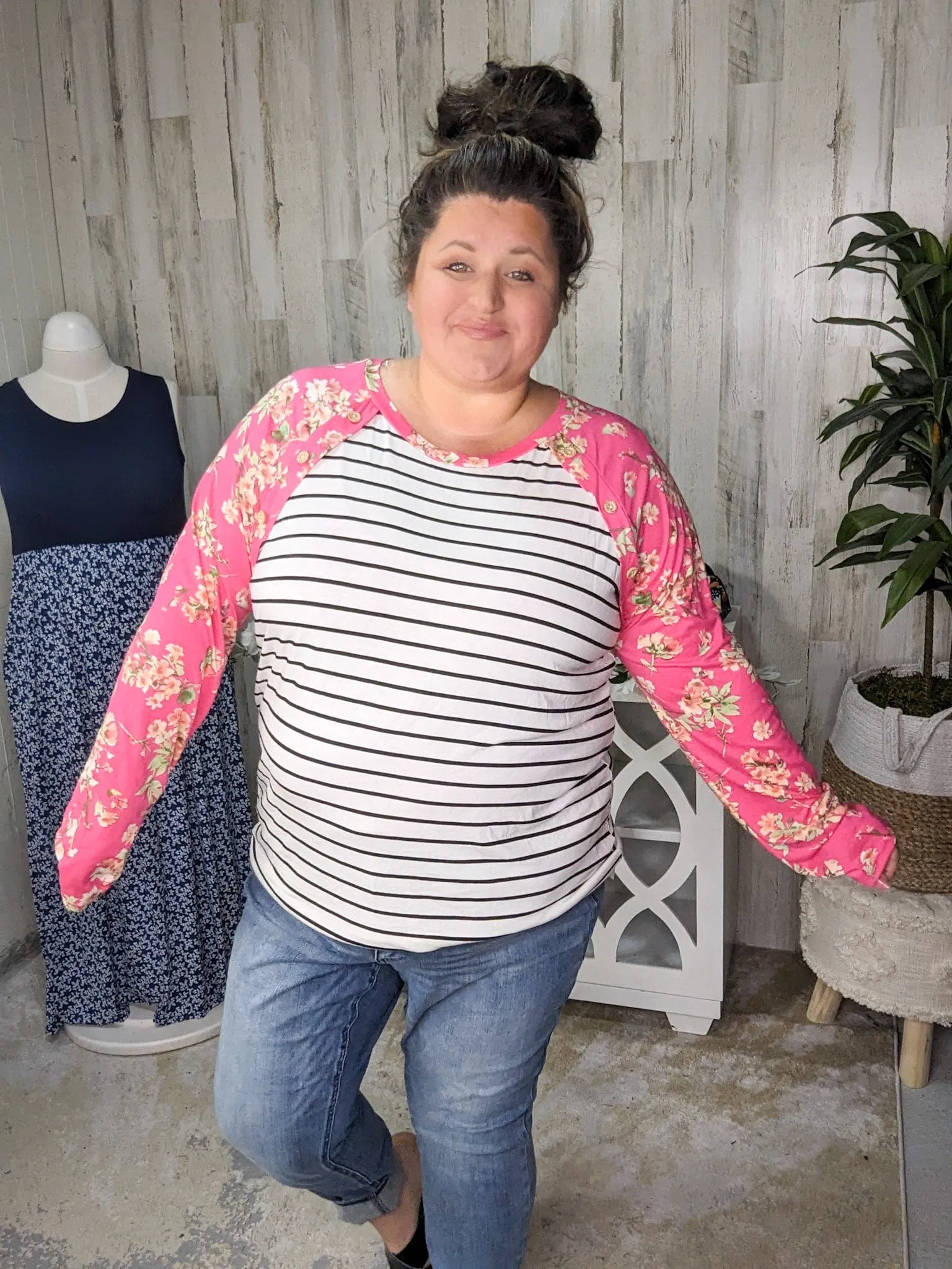 Eliza Striped Raglan w/Hot Pink Floral Sleeves