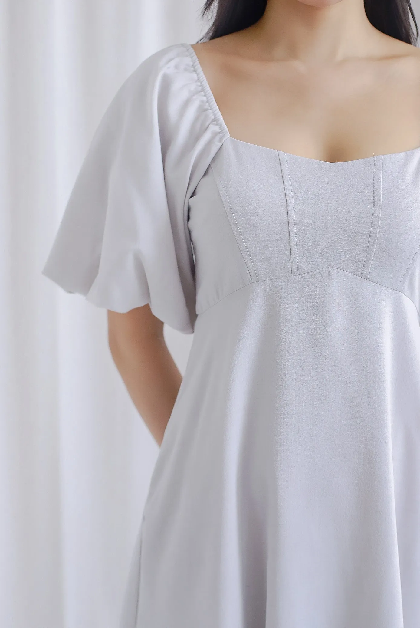 Ellie Puffy Sleeve Seam Bustier Midi Dress In Grey