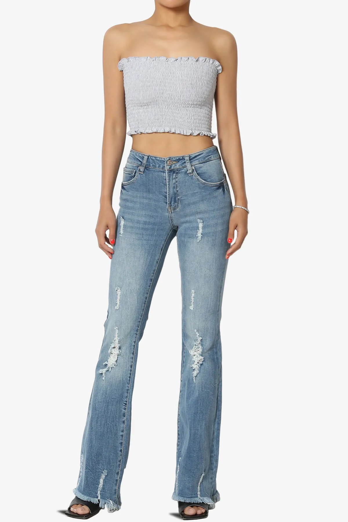 Esther Mid Rise Knee Frayed Flare Jeans