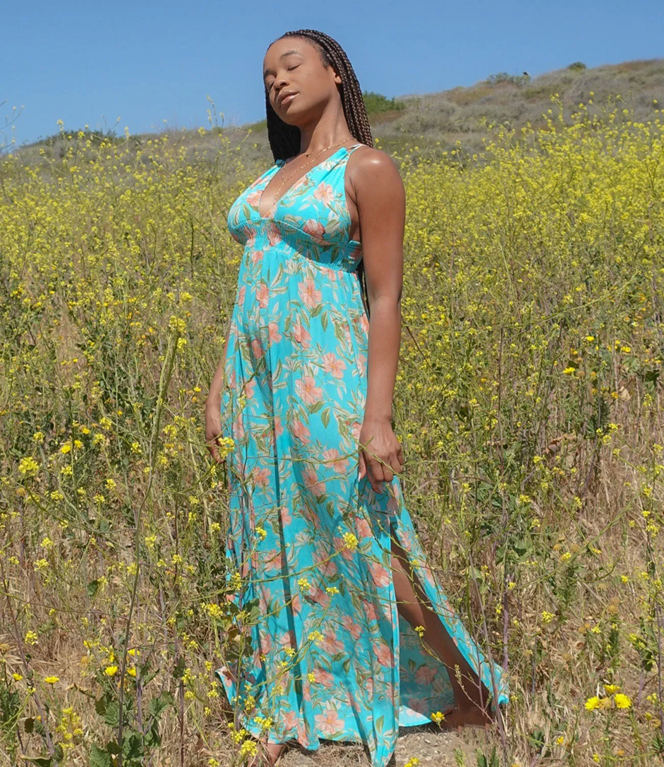 Field Of Gold Floral Maxi Dress(Lake Blue)