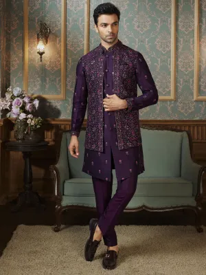 Floral Jacqurad Style Three Piece Wine Indo Western Set