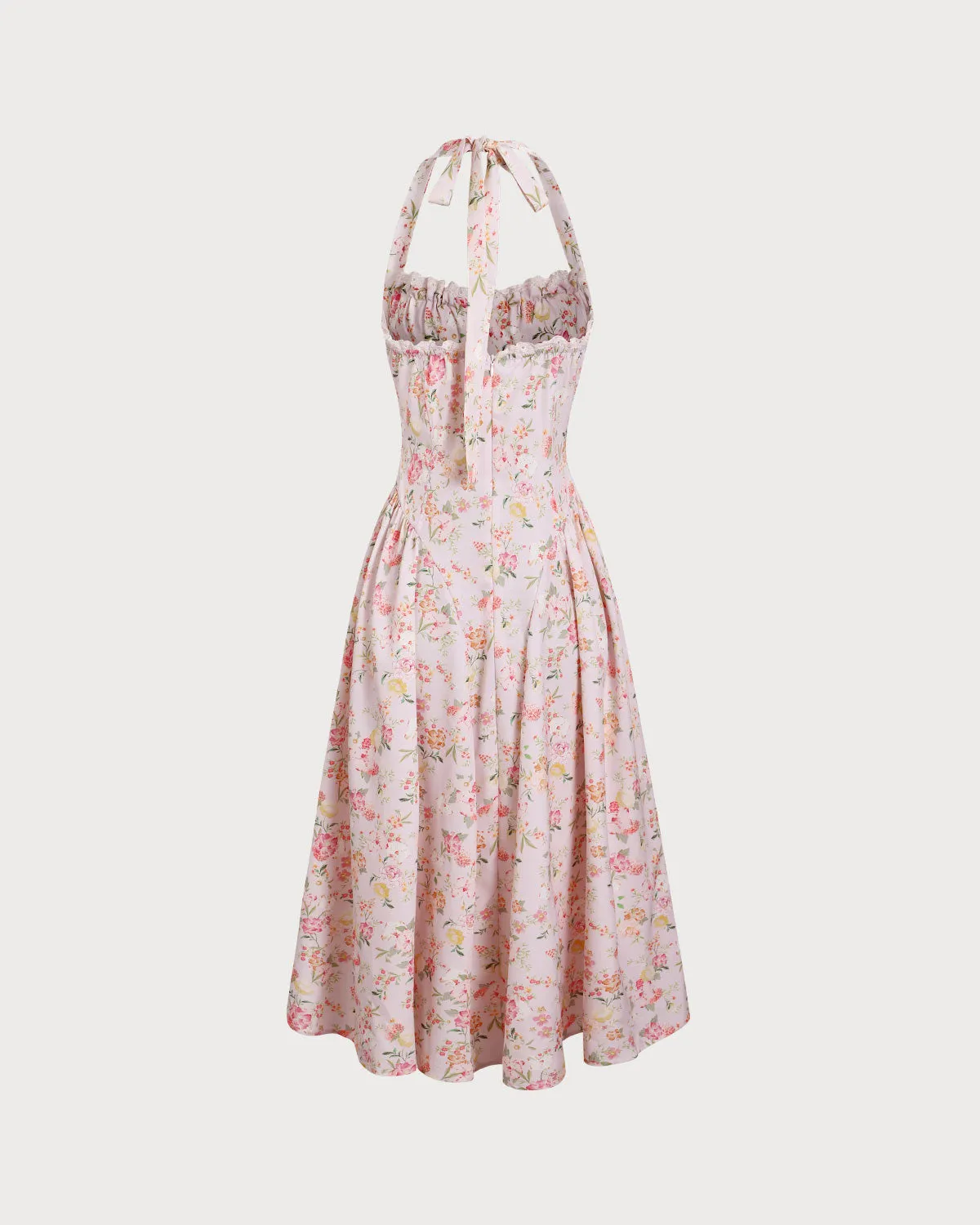 Floral Ruched Pleated Halter Midi Dress