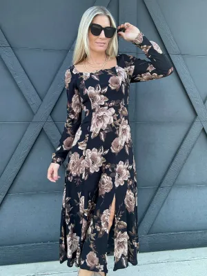 Floral Square Neck Long Sleeve Midi Dress Black