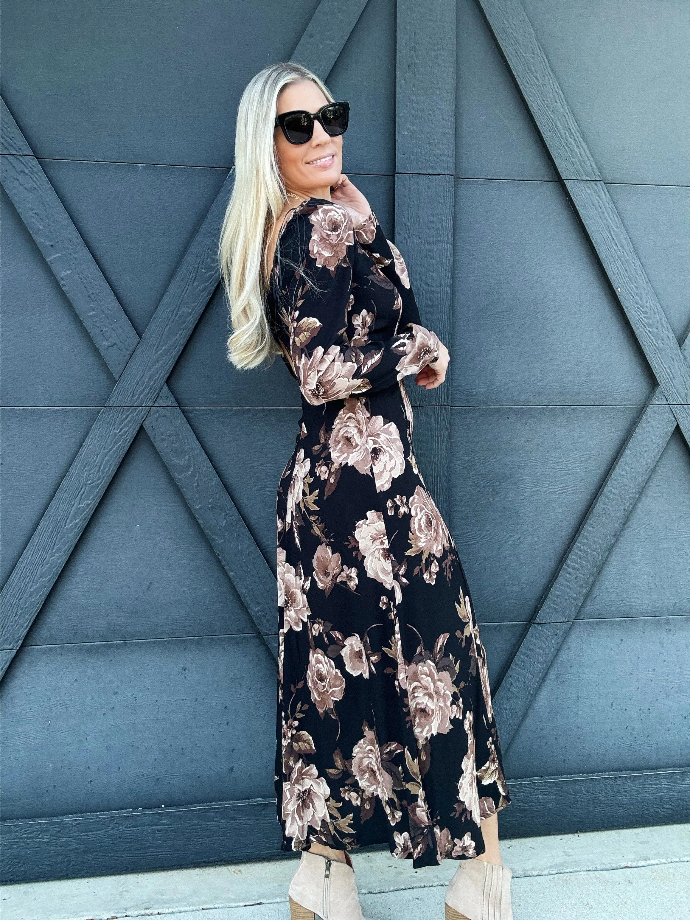 Floral Square Neck Long Sleeve Midi Dress Black