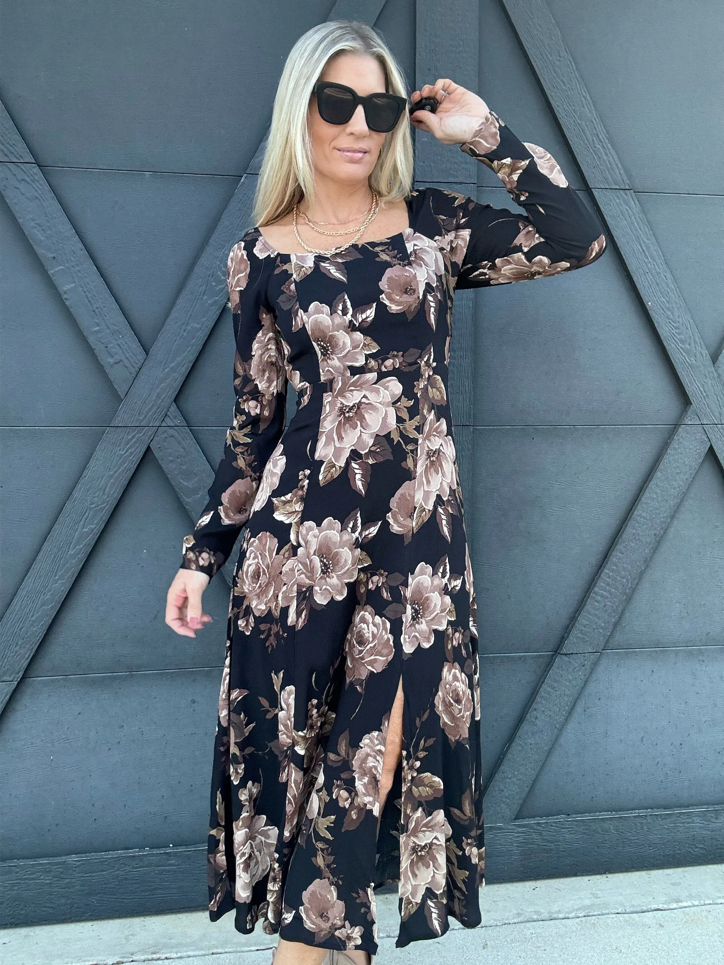 Floral Square Neck Long Sleeve Midi Dress Black