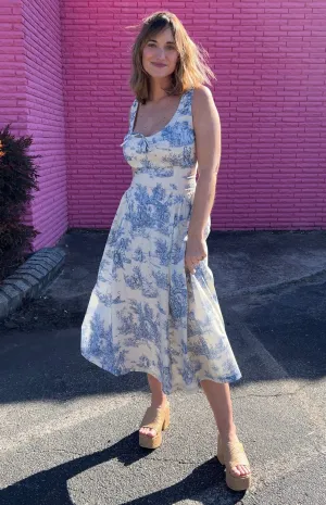 French Cottage Toile Print Midi Dress