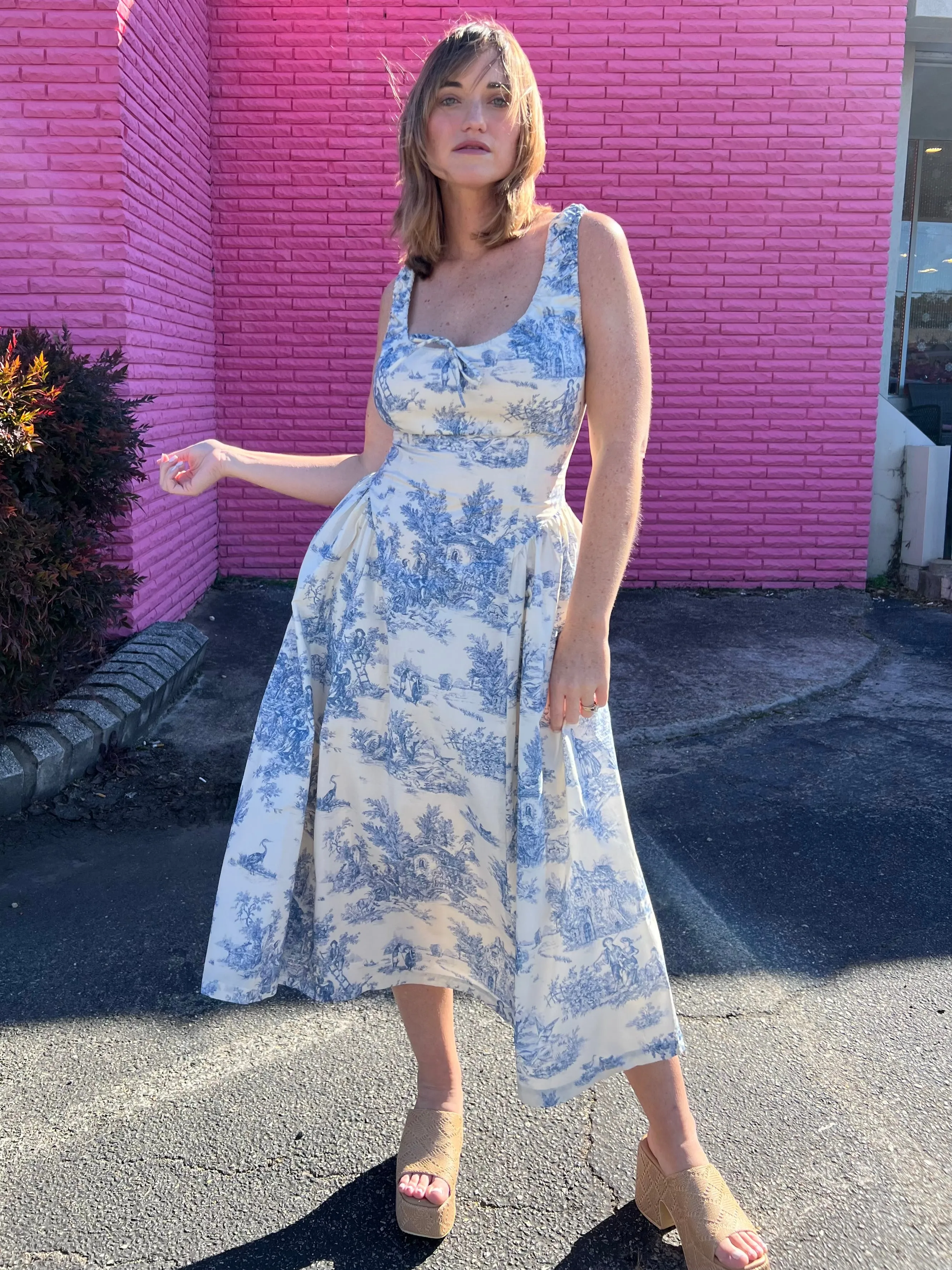French Cottage Toile Print Midi Dress