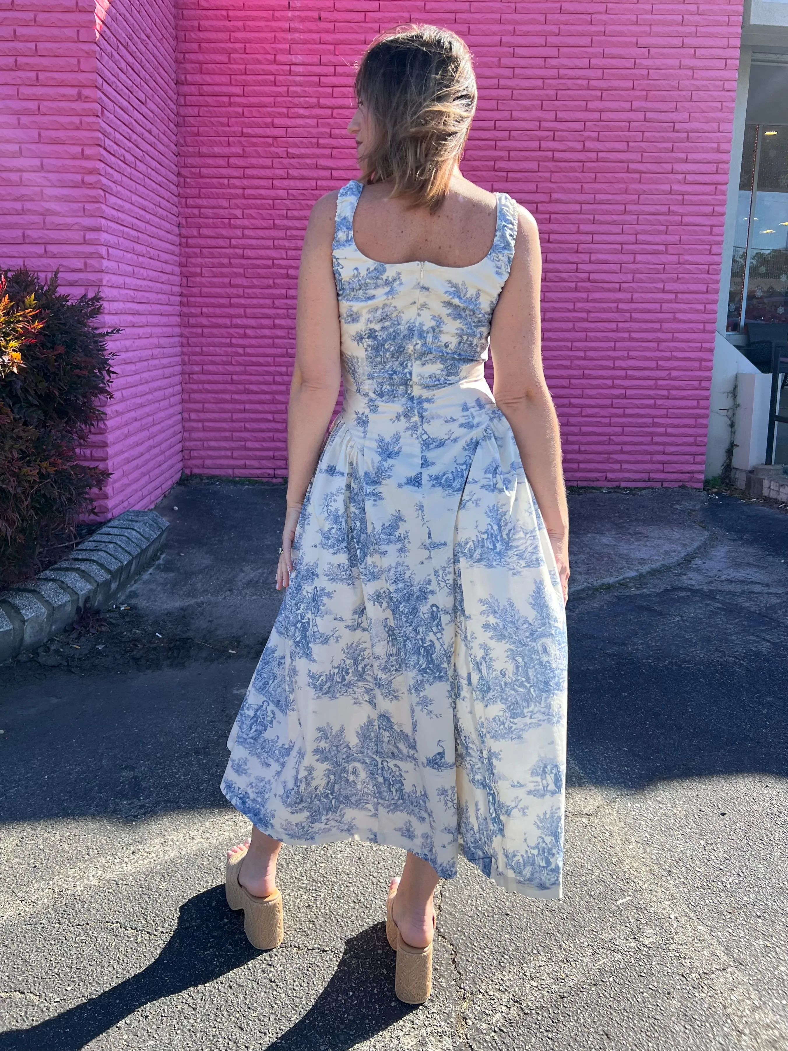 French Cottage Toile Print Midi Dress