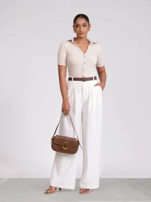 Front Pleated Mid Waist Wide Leg Pant