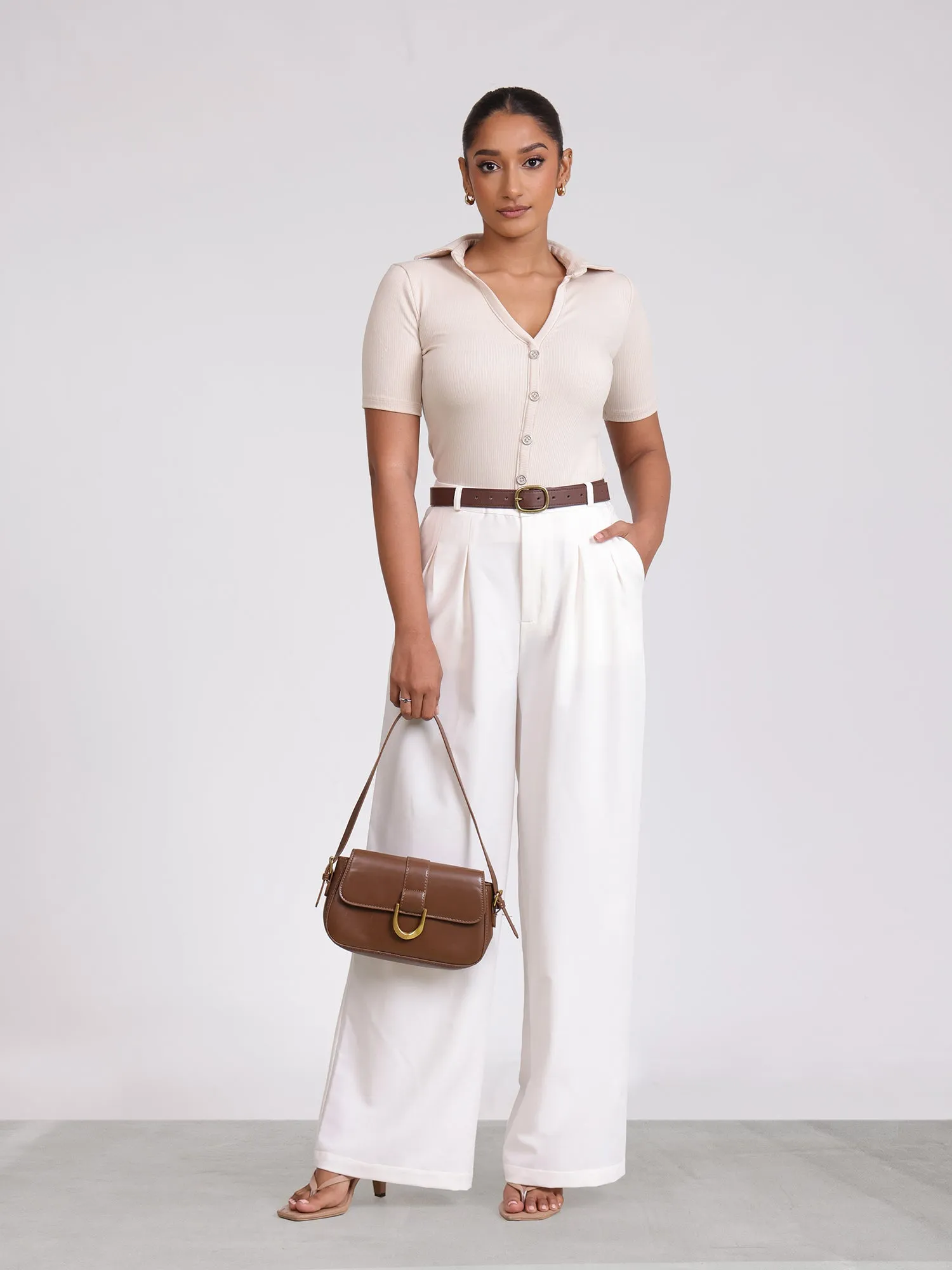 Front Pleated Mid Waist Wide Leg Pant