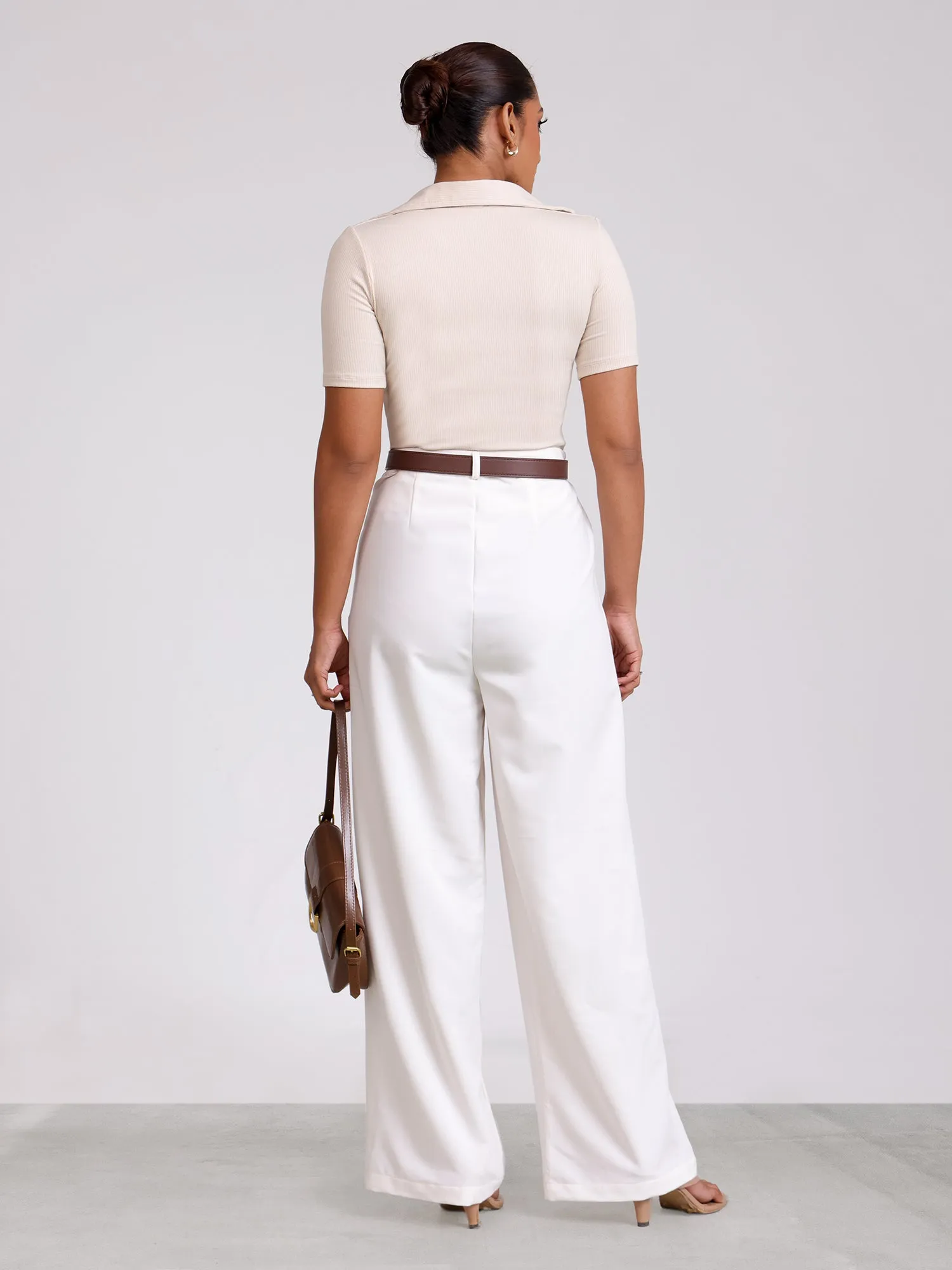 Front Pleated Mid Waist Wide Leg Pant