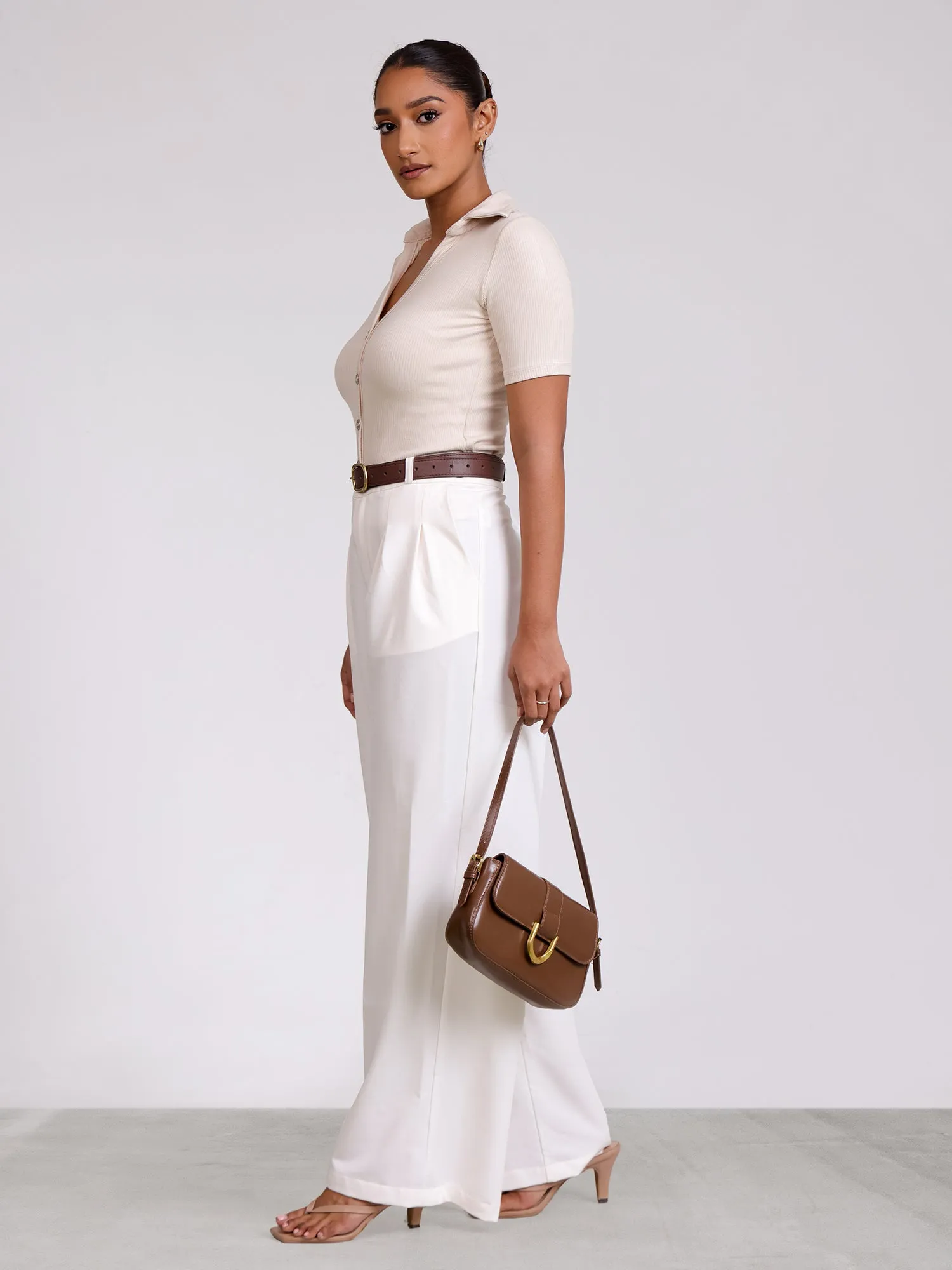 Front Pleated Mid Waist Wide Leg Pant