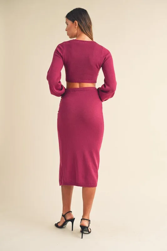 FRONT TWIST KNIT TOP AND MIDI SKIRT SET