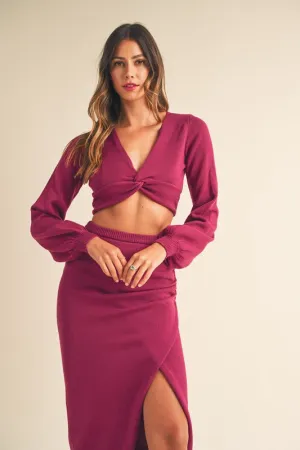 FRONT TWIST KNIT TOP AND MIDI SKIRT SET