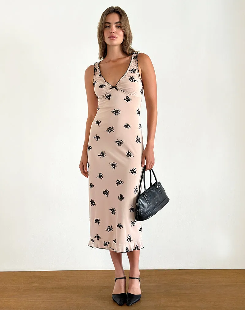 Gandira Midi Dress in Cluster Ditsy Floral Flock Nude