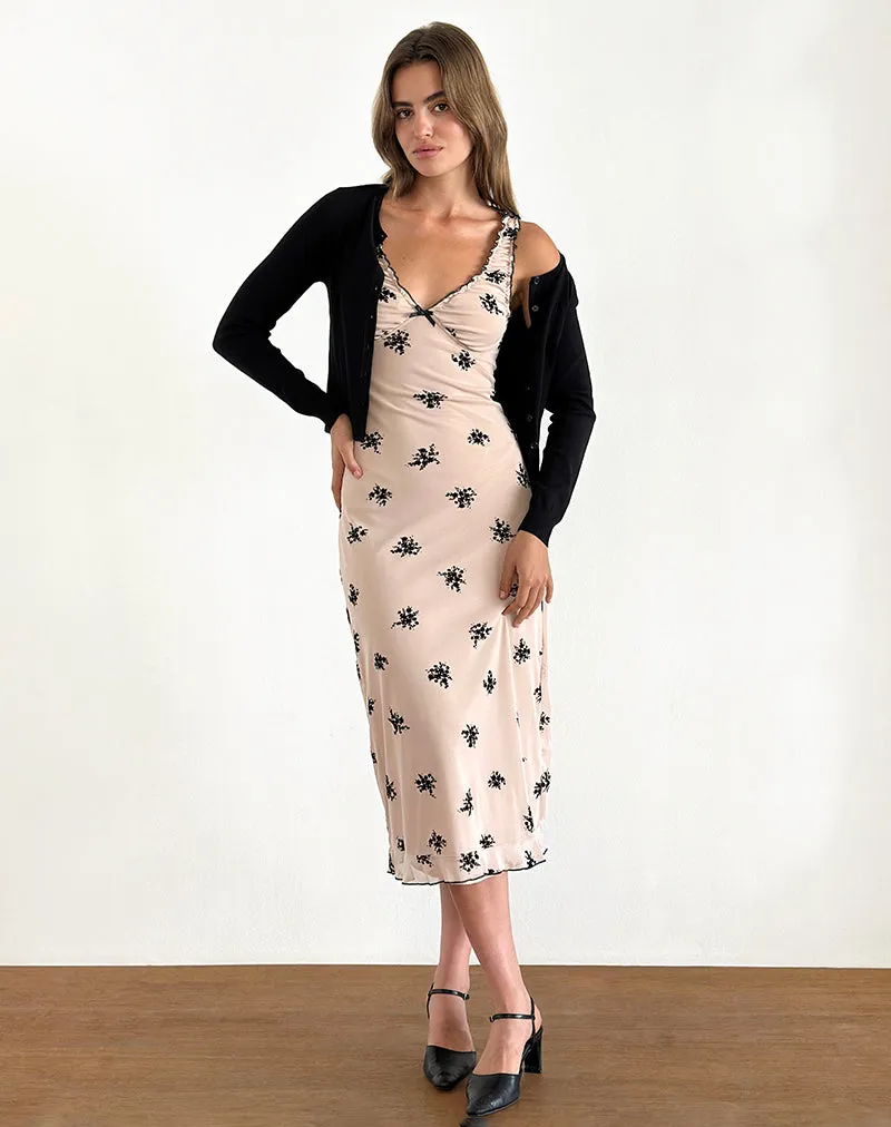 Gandira Midi Dress in Cluster Ditsy Floral Flock Nude