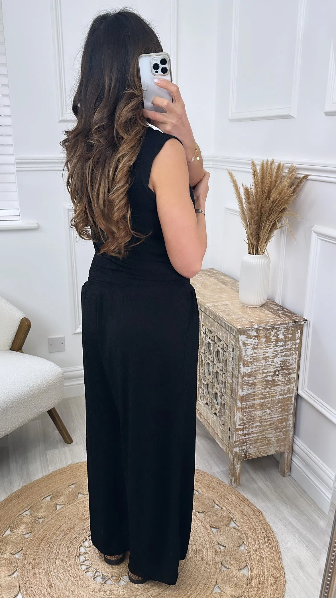 Georgia Black Ribbed Palazzo Trousers