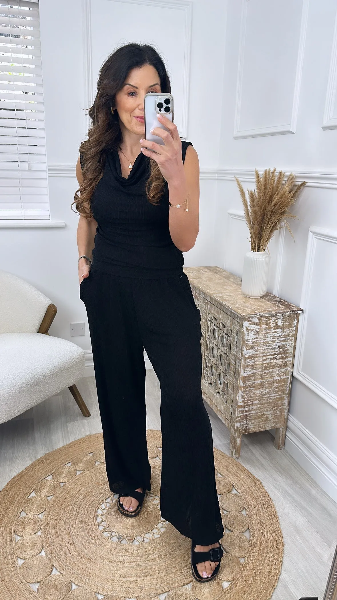 Georgia Black Ribbed Palazzo Trousers