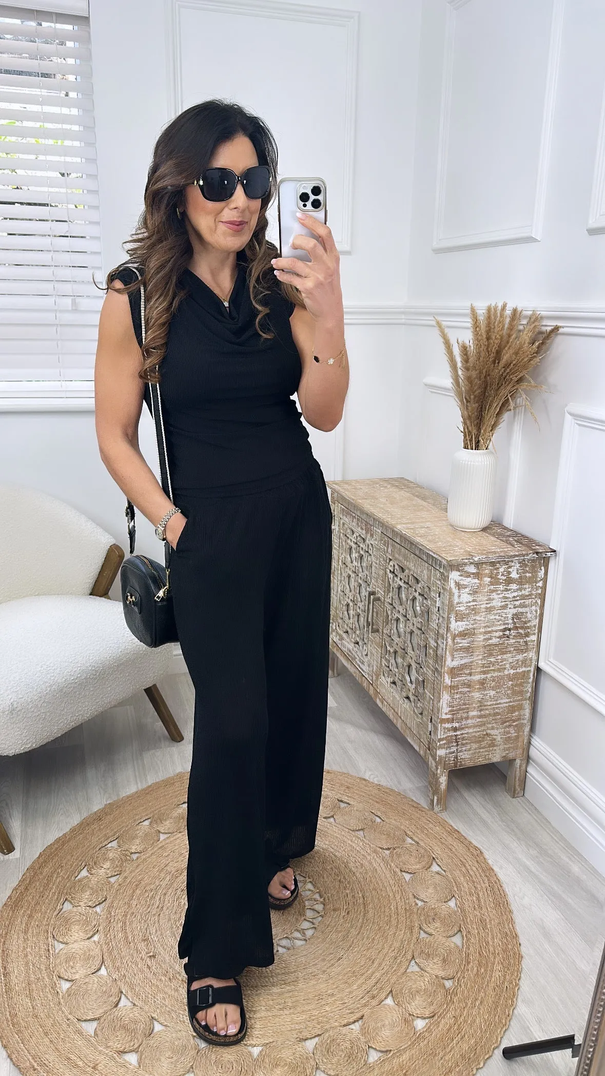 Georgia Black Ribbed Palazzo Trousers