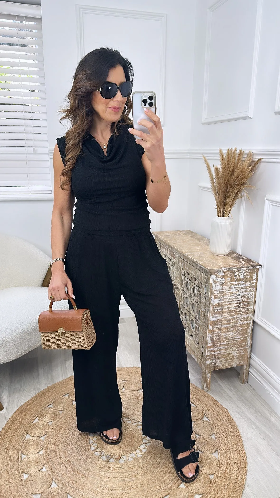 Georgia Black Ribbed Palazzo Trousers