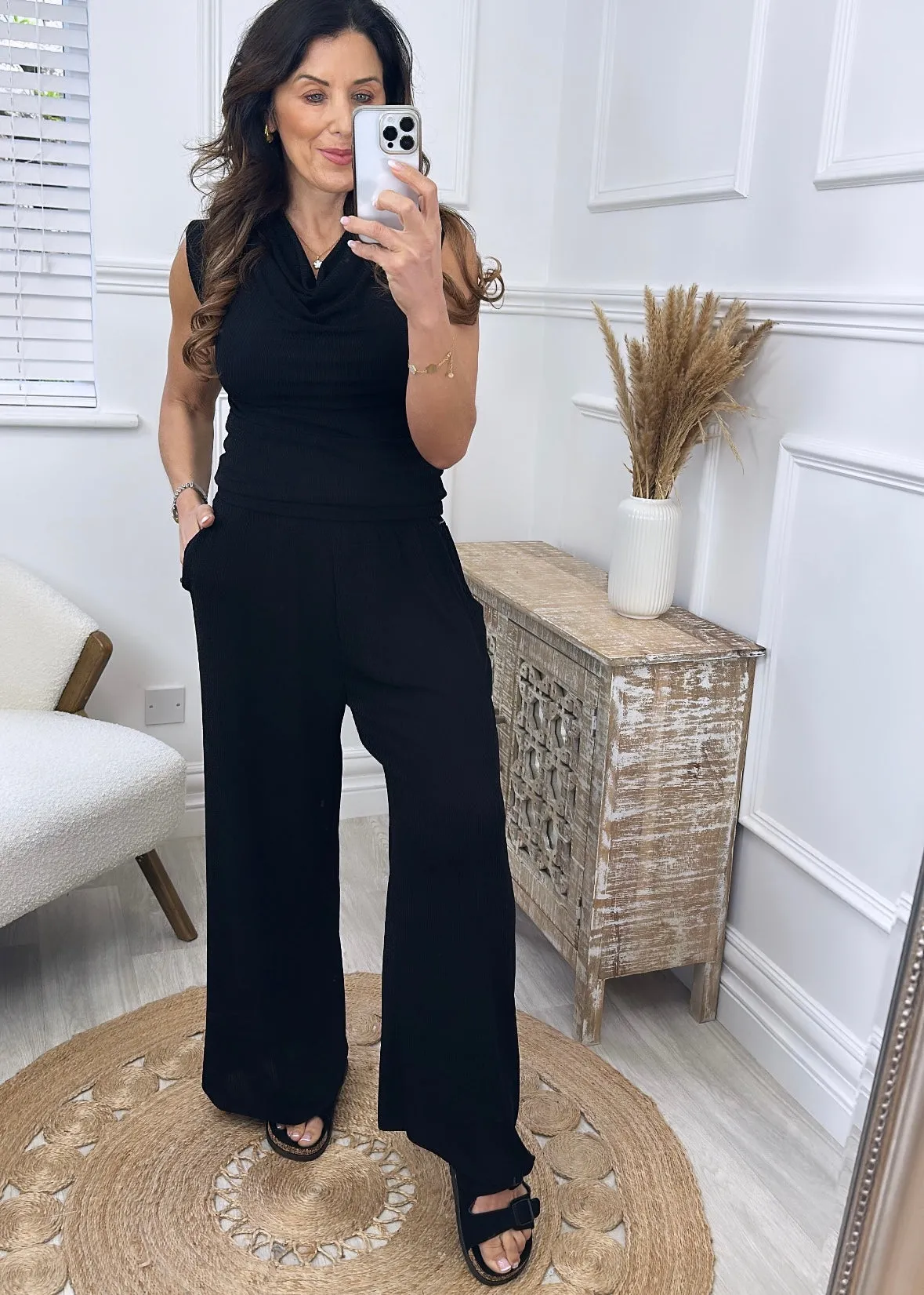 Georgia Black Ribbed Palazzo Trousers