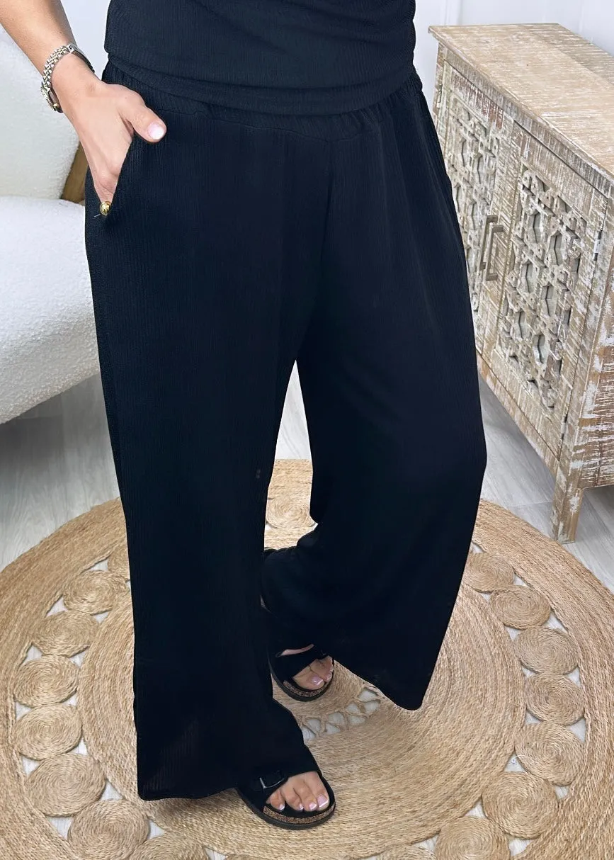 Georgia Black Ribbed Palazzo Trousers