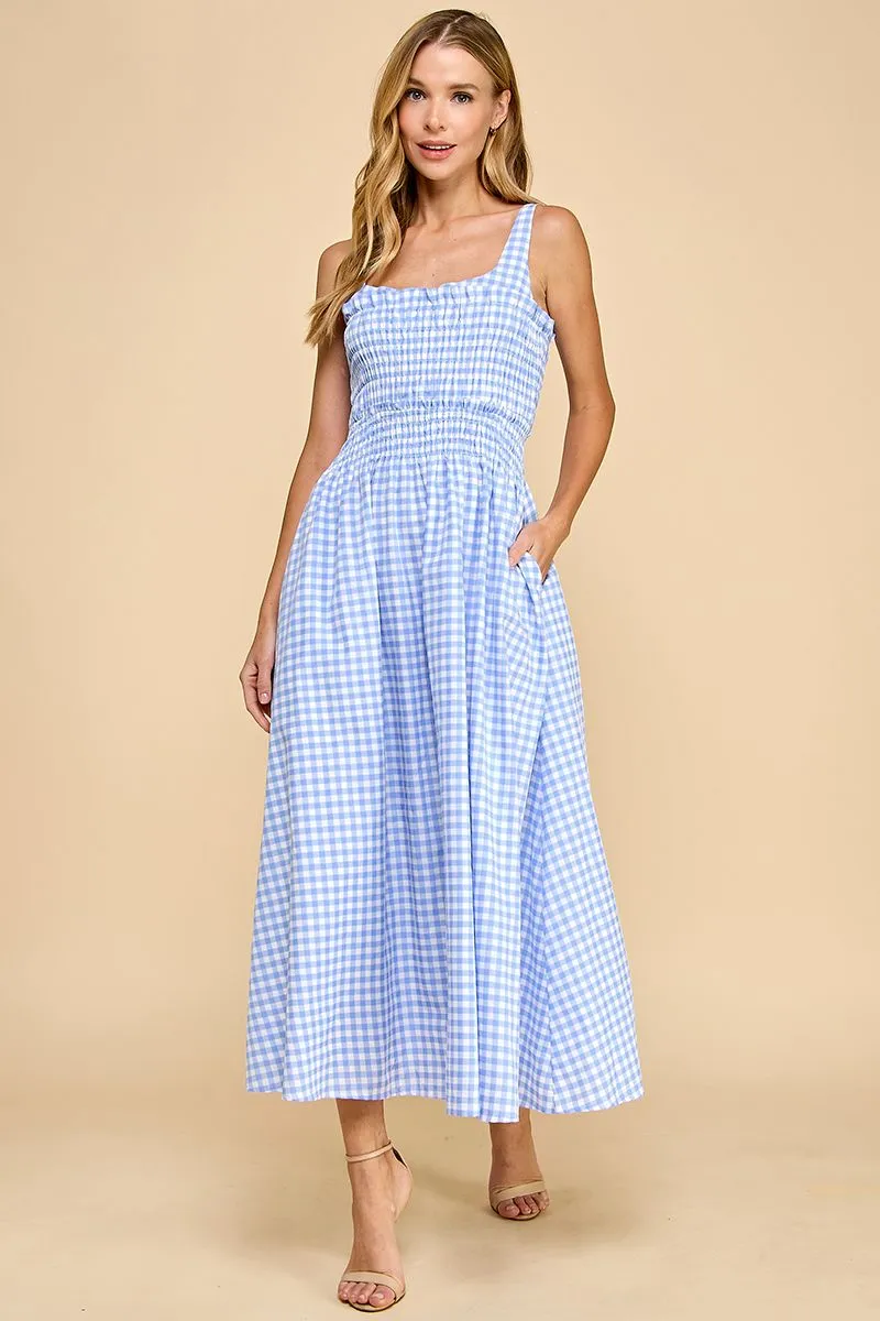 Gingham Smocked Bodice Midi Dress