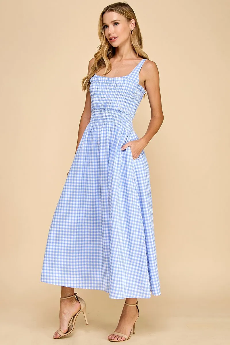 Gingham Smocked Bodice Midi Dress