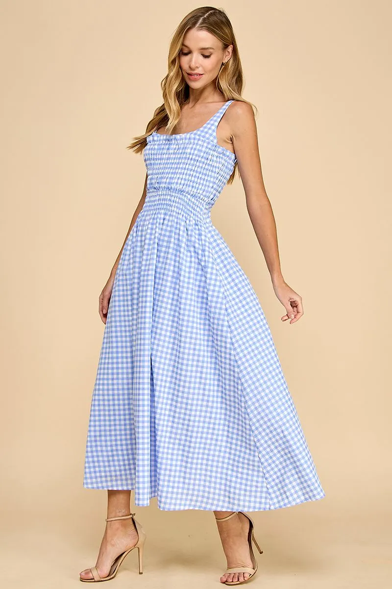 Gingham Smocked Bodice Midi Dress