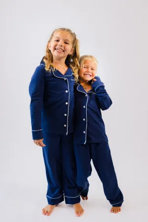 Girls long jersey personalised pyjamas Navy
