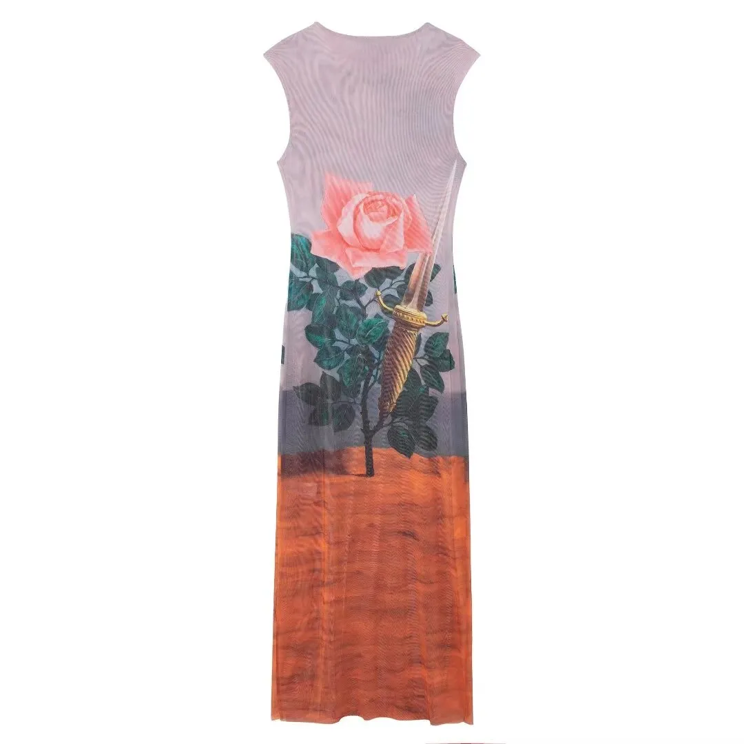 Graphic Print Sleeveless Midi Dress