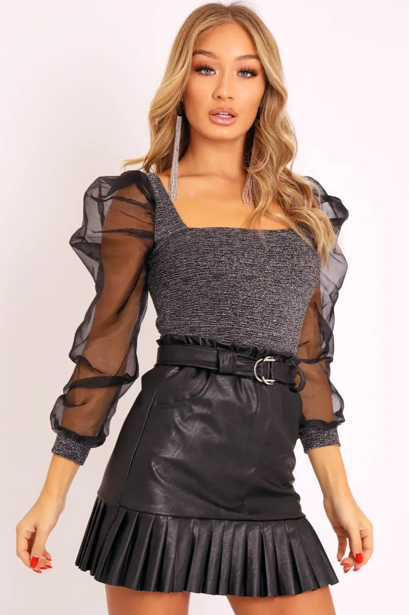 Grey Glitter Square Neck Puff Sleeves Top - Triss
