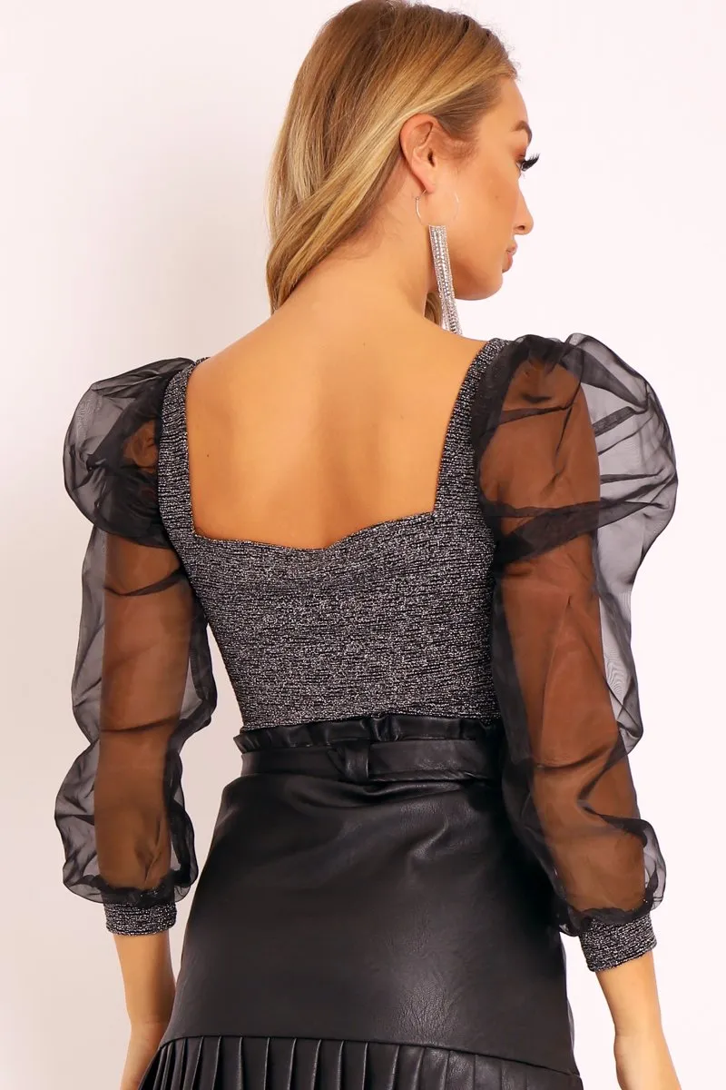 Grey Glitter Square Neck Puff Sleeves Top - Triss