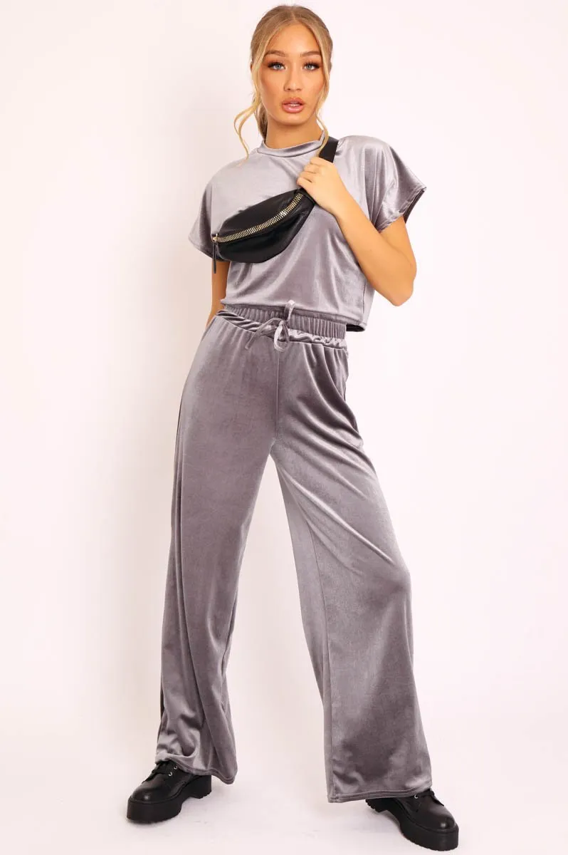Grey Velvet Crop Top and Trousers Loungewear Set - Kani