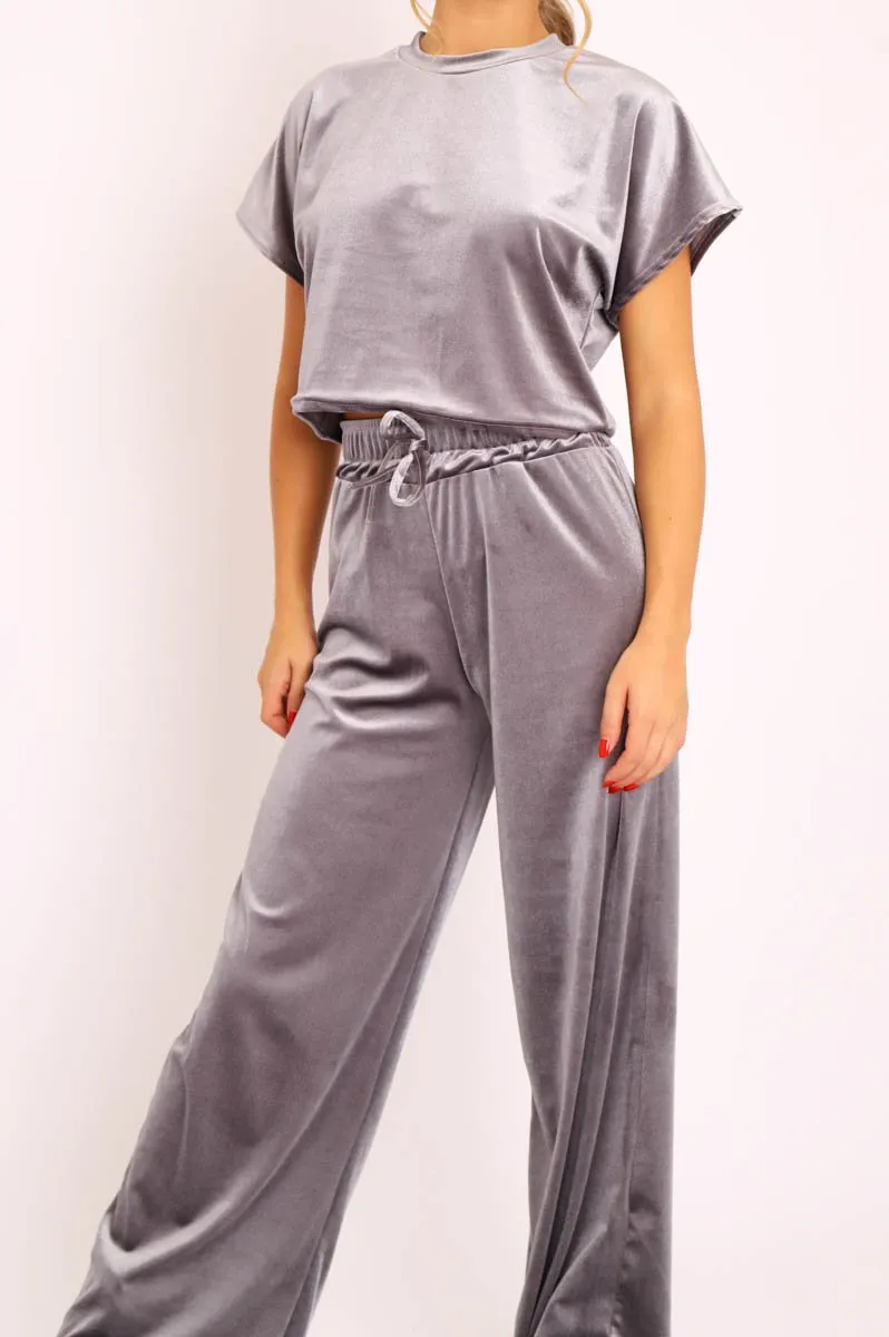 Grey Velvet Crop Top and Trousers Loungewear Set - Kani